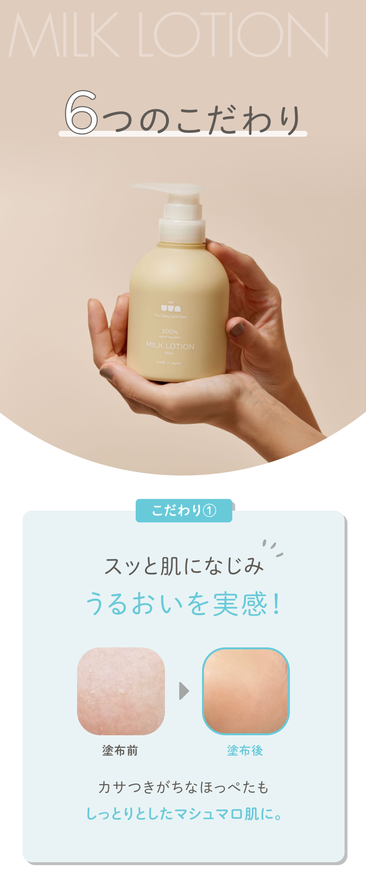 MILK LOTION 8つのこだわり こだわり① スッと肌になじみうるおいを実感！カサつきがちなほっぺたもしっとりとしたマシュマロ肌に。
