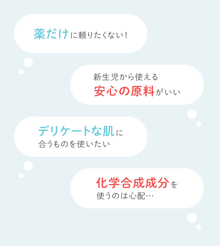 薬だけに頼りたくない！　新生児から使える安心の原材料がいい　デリケートな肌に合うものを使いたい　化学合成成分を使うのは心配…